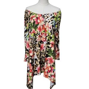Slinky Brand Dress Womens XL Floral Leopard Asymmetrical Hem 3/4 Sleeve